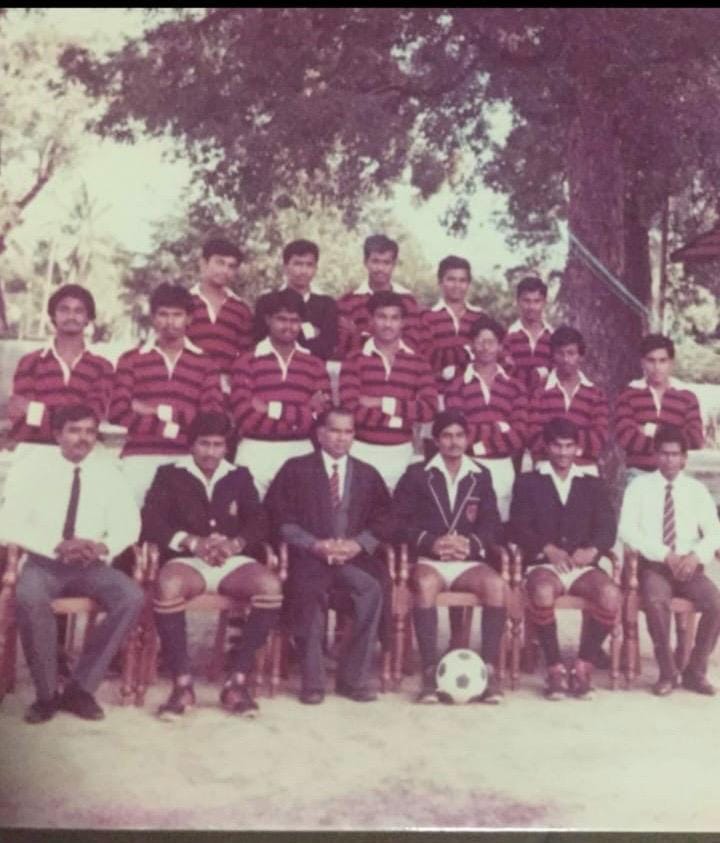 A teenage Nishan Canagarajah (seated third from the right), then captain of the unbeaten St John’s College football XI, pictured during their school years in 1985.