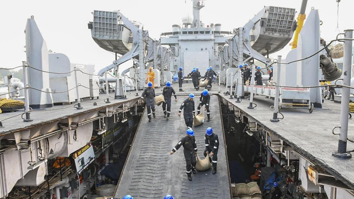 Indian Navy deploys four ships — INS Gharial, LCU 54, LCU 51 and LCU 57 — carrying relief supplies to Sri Lanka under Operation Sagar Bandhu. Photo: X/Defence PRO