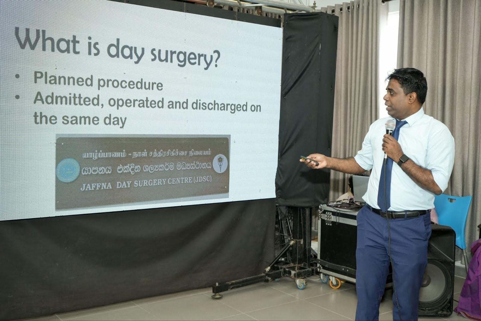 Professor B. Balagopi speaking at the inauguration of the Jaffna Day Surgery Centre.