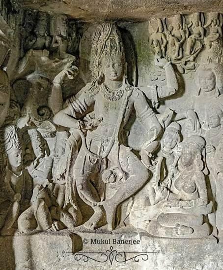 The dancing Shiva wall carvings from the Badami (Vatapi) and Elora caves from the Deccans. The early Chalukya rulers (6th – 8th century AD) who ruled from Vatapi (modern day Badami) and the subsequent Rashtrakuta rulers (8th-10th century AD) are credited with these rock carvings. They show Shiva both as a ferocious destroyer with multiple arms and weapons and a more graceful figure exuding calm and as a graceful protector. With both legs firmly planted on the ground (Acknowledgements: Google Images).