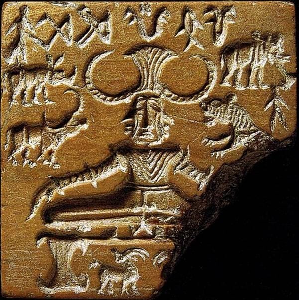 The Pashupati seal (>2200 BC), excavated at the city Mohenjo-daro of the Indus valley civilisation. It shows a tricephalic figure which is remarkably emaciated - possibly through prolonged deep meditation in the wilderness. This is one of the earliest attempts of ancient man to express divinity in anthropomorphic terms. The three faces suggests that what is being depicted is a super-natural being who had subdued nature through his powers of meditation. (Image obtained from Wikipedia and is available in the public domain)