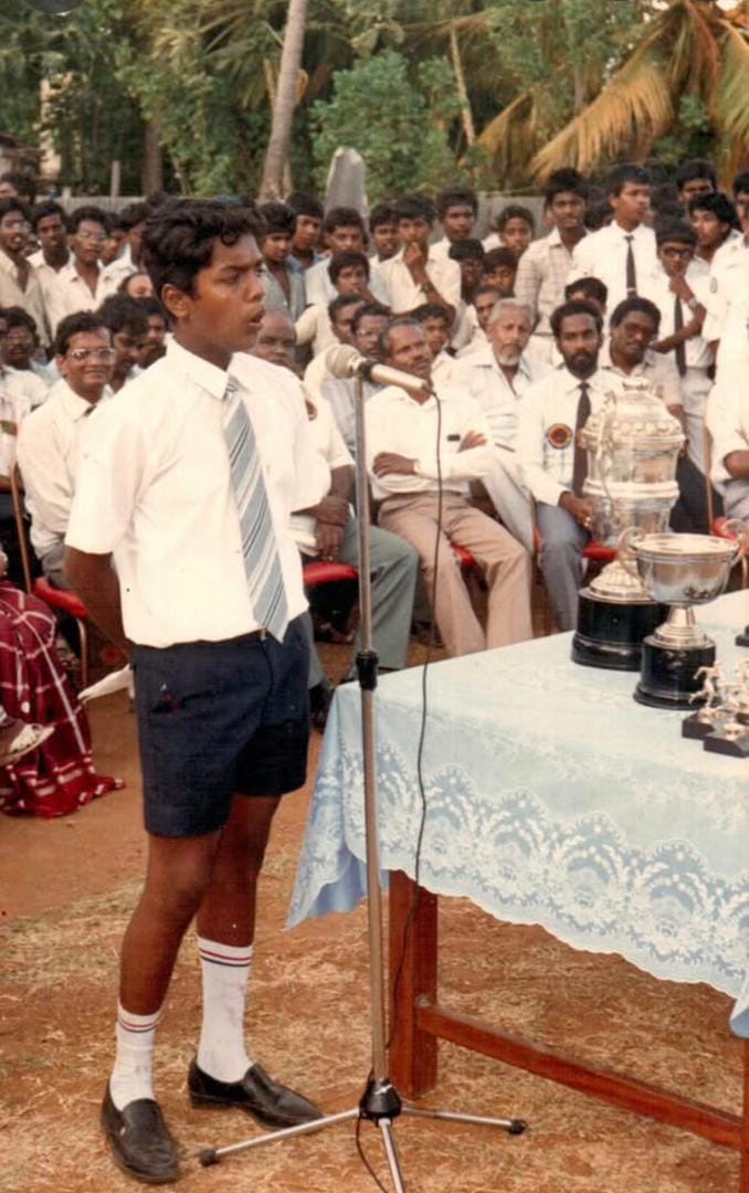 Abethan “Abbi” Kanthasamy speaks at the Jaffna Hindu College sports meet in 1987, as a student and sportsman — 39 years before his return as chief guest.