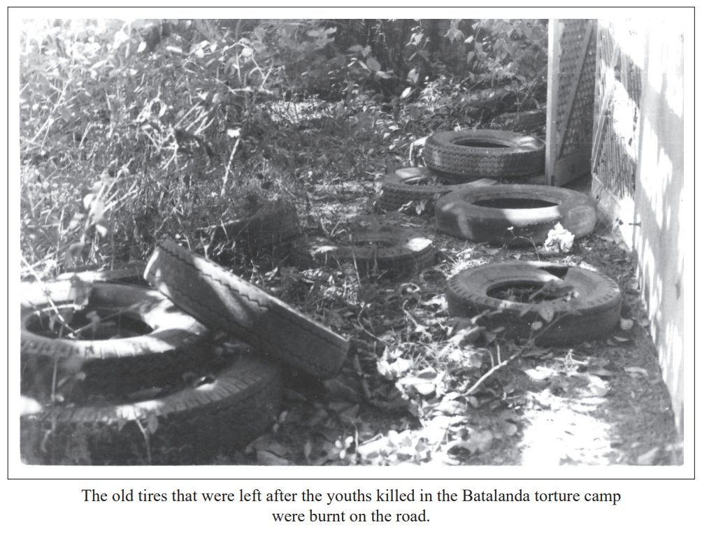 The old tires that were left after the youths killed in the Batalanda torture camp were burnt on the road.