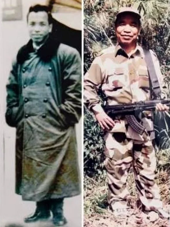Zoramthanga in China in 1970 (left) and later as a rebel leader in battle fatigues (right).