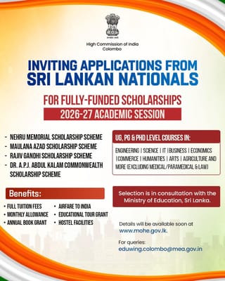 India Offers 200 Fully Funded Scholarships to Sri Lankan Students for 2026–27