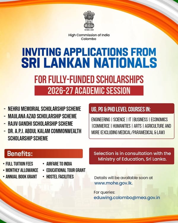 India Offers 200 Fully Funded Scholarships to Sri Lankan Students for 2026–27